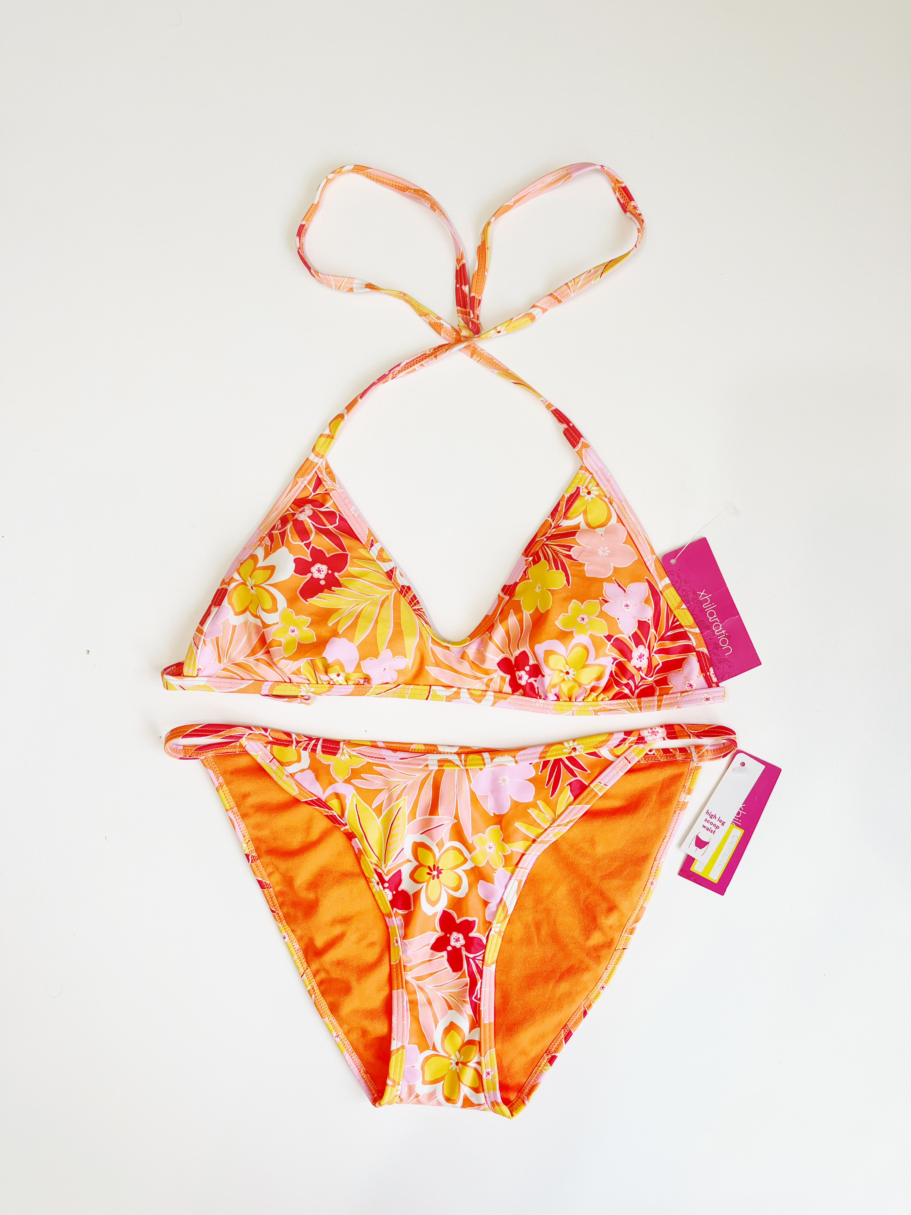 مایو بیکینی نارنجی گلدار وارداتی راحت و ضد کلر